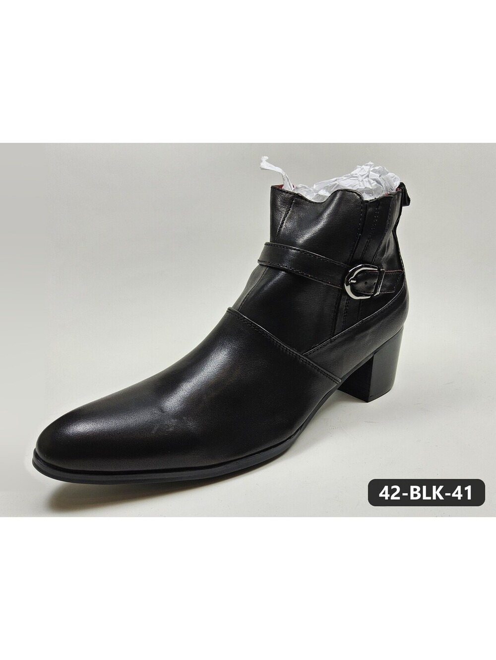 Men's Black Block-Heel Ankle Boots with Buckle Strap